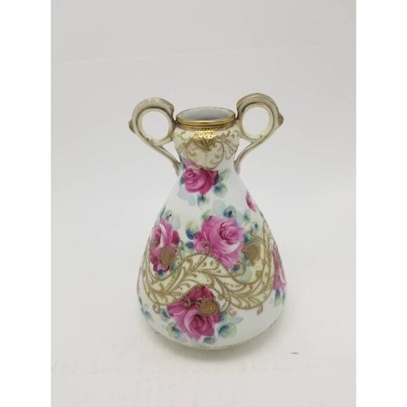 Antique Nippon Vase, Moriage Hand Painted, Pink Roses, (Repaired) - Picture 4 of 8